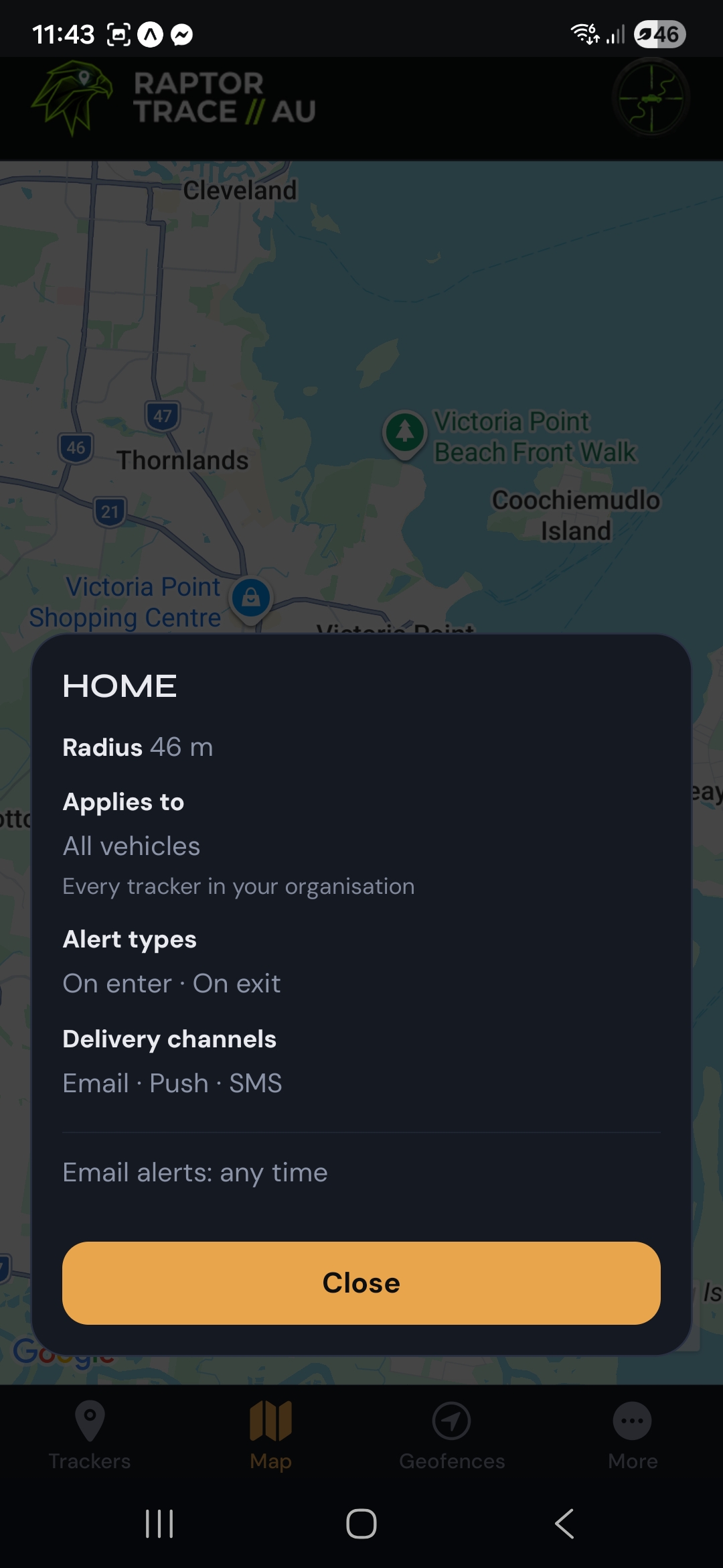 Map with a geofence detail sheet showing radius, applies to all vehicles, alert types, and delivery channels.