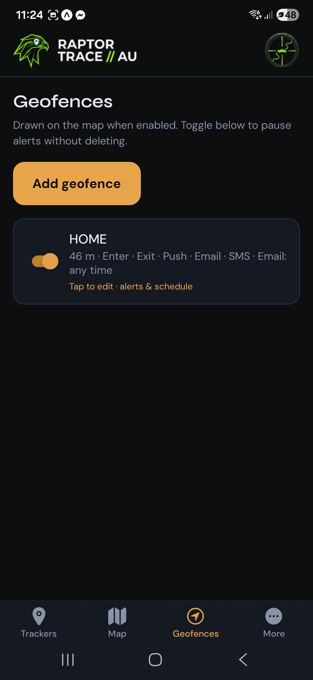 Geofences screen with toggle switches and summary of radius, enter and exit alerts, and notification channels.