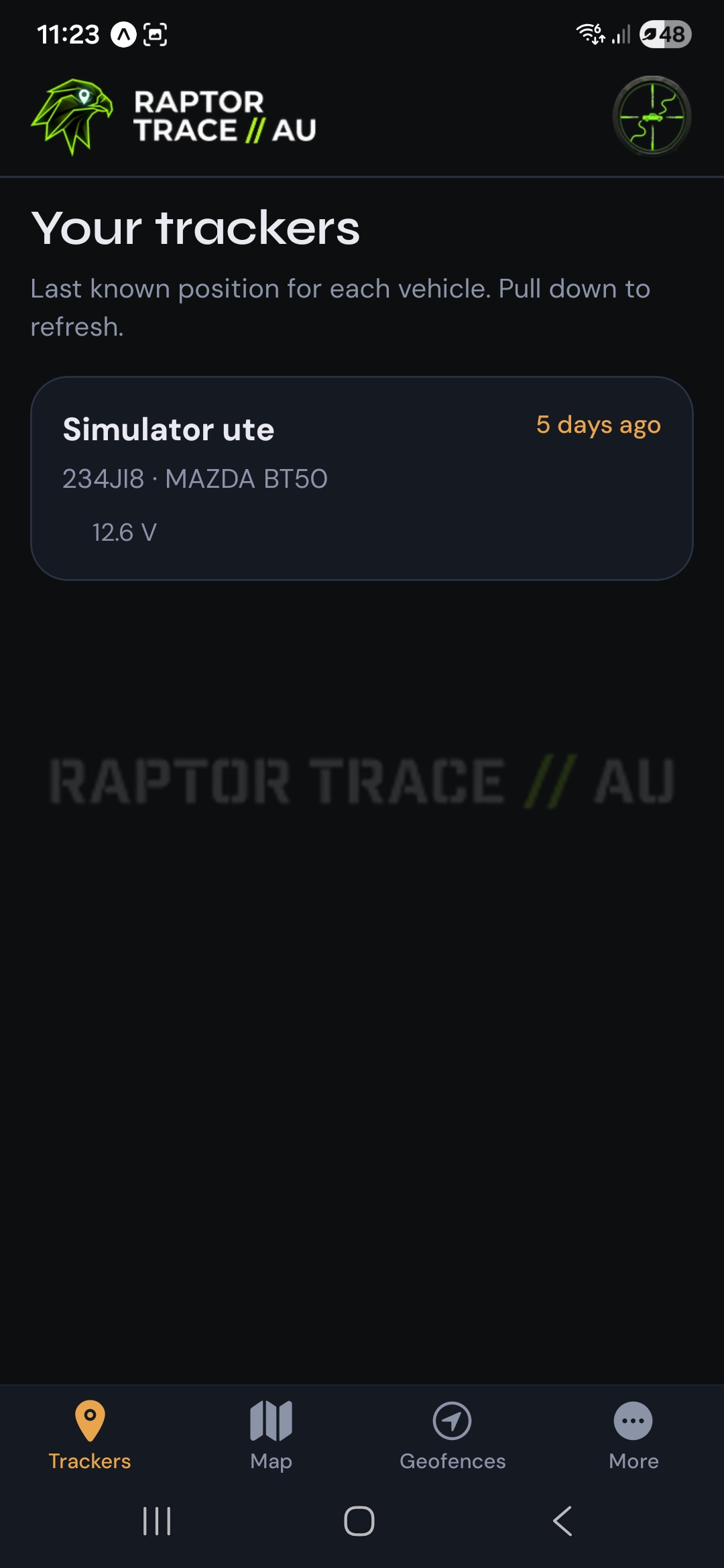 Trackers list showing vehicle name, last seen time, rego, model, and battery voltage.